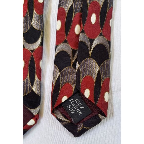 Henry Grethel Italian Silk Mens Tie Red Gray Black Abstract Oval Pattern Necktie - Picture 3 of 4